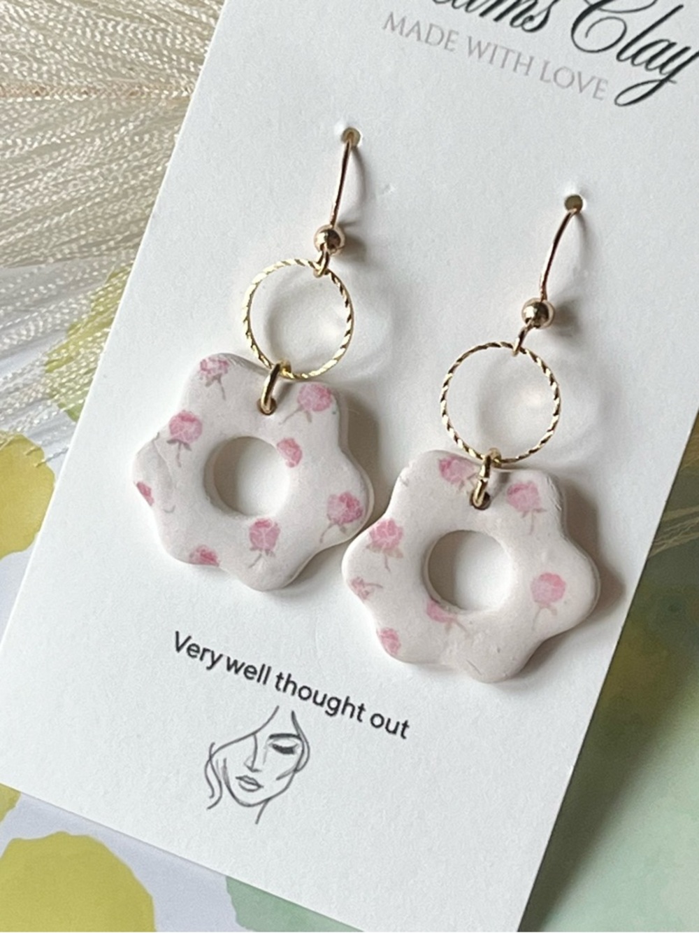 Dreams Clay Floral White Pink Hoop Drop Earrings